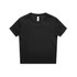 A black short-sleeved t-shirt with a round neckline and a tag visible at the collar. It features a simple design.