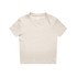 A short-sleeved, light beige t-shirt with a round neckline and a logo on the label.