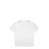 A white mini t-shirt with a crew neck and short sleeves, featuring a logo on the inside label.