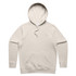 A beige hoodie with a front pocket and a drawstring hood, featuring a logo on the label.