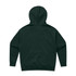 A dark green hoodie with a large, adjustable hood and a plain back. It features a ribbed hem and cuffs.