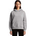 A grey hoodie with a front pocket and a hood, featuring a logo. Model wearing it has long hair.