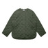 A green quilted jacket with a round neckline, front snap buttons, and side pockets. It has a plain design with branding.