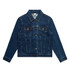 A denim jacket in a deep blue shade featuring a classic collar, front pockets, and button closure. It has a logo.