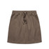 A terracotta-coloured skirt featuring an elastic waistband and adjustable drawstring, with side pockets and a logo.