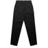 A pair of black cargo pants with a logo, featuring a straight cut and multiple pockets.