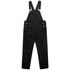 Black canvas overalls with adjustable straps and front pocket, featuring brass hardware.