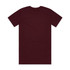 A maroon T-shirt with short sleeves and a plain back. The shirt features a logo or branding.