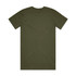 A plain olive green T-shirt featuring a short sleeve design and a standard crew neck. It has a logo on the back.