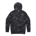 A hoodie featuring a dark green and grey camo pattern, with a hood and no visible branding.