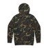 A camouflage hoodie in various shades of green and brown, featuring a hood and a logo.