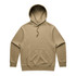 A beige hoodie with a front pocket and adjustable drawstring hood. The garment features a logo.