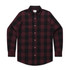 A red and black check shirt with a button-up front, long sleeves, and two chest pockets. Features a logo.