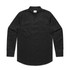 A black linen button-up shirt with long sleeves and a chest pocket. It features a collar and a branding label.