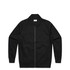 A black bomber jacket with a zip front and ribbed collar and cuffs, featuring a logo.