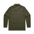 A back view of a dark olive green Chore Jacket with a collar and long sleeves. The jacket has a logo.