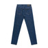 A pair of blue standard jeans featuring a sleek back design and two rear pockets. The jeans have a logo on the waistband.