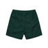 A pair of green beach shorts with an elastic waistband and a simple design, featuring pockets and a logo.