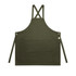 A dark green apron featuring cross-back straps and a front pocket, with a logo on the side.