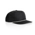 A black cap featuring a white rope across the front, designed for promotional use, with a logo present.