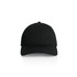A black cap with a curved brim and adjustable strap at the back, featuring a logo.