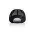A black two-tone trucker cap with a mesh back and adjustable strap. Features a logo on the front.
