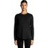 A black long-sleeve tee with a rounded hem, featuring a logo on the front.