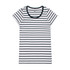 A striped tee in white and navy with short sleeves and a rounded neckline, featuring a logo on the label.