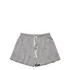 A pair of grey sports shorts with an elastic waistband and drawstring. Features a logo on the waistband.