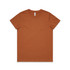 A brown basic t-shirt displayed flat, featuring a crew neck and short sleeves. It has a small logo label.