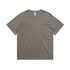 A grey faded T-shirt with a relaxed fit and short sleeves. It features a simple design and has a logo.