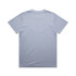 A pale blue t-shirt featuring a basic crew neckline and short sleeves, with a branding logo on the back.