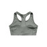 A grey active bra top featuring a racerback design, suitable for sportswear. It has a logo on the back.