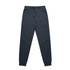 Dark grey track pants featuring an elastic waistband and fitted cuffs, with a logo on the front.