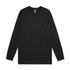 A long-sleeve T-shirt in black, featuring a crew neck and a label tag at the neckline. It has a simple design.