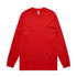 A red long-sleeve T-shirt with a round neck and fitted cuffs. It features a logo on the label.