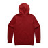A red hoodie with a hood and long sleeves, featuring a plain back design and a logo.