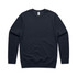 A navy blue sweater featuring long sleeves and a round neckline, with a logo on the label.