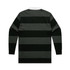 A rugby stripe polo shirt featuring black and dark grey horizontal stripes with a white collar. The back view is displayed.
