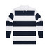 A rugby stripe jersey featuring horizontal navy blue and white stripes, with a classic collar and long sleeves.