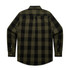 A long-sleeve, button-up shirt featuring a black and olive green check pattern, with a back yoke and two button cuffs.