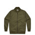 An olive green bomber jacket with a zip front and collar. The jacket has long sleeves and a simple design.
