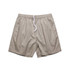Beige beach shorts with an elastic waistband and white drawstring. Features a logo on the waistband.
