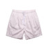 Light pink beach shorts featuring an elastic waistband and drawstring, with a logo on the side.