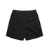 Black swim shorts with an elastic waistband and a simple design, featuring a logo.
