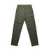 Utility pants in olive green, featuring multiple pockets and a straight-leg design. Includes a logo on the waistband.