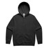 A black zip hoodie with a spacious hood and front pockets, featuring a logo on the label.