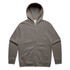 A zip-up hoodie in a faded olive green colour with a kangaroo pocket and a hood. It features a logo.