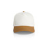 A two-tone cap featuring a white crown and a brown peak, with a structured design and a logo on the front.