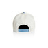 A two-tone cap featuring a white body and a light blue strap. The back has an adjustable snap closure.